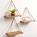 JUNJI Set of 3 Wood Wall Hanging Shelf Wood Floating Shelves Hanging Swing Rope Shelves
