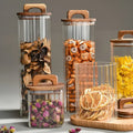 OEM ODM High Borosilicate Square Glass Eco-Friendly Modern Luxury Food Spice Sugar Spaghetti Sealed Storage Jar Handle Cover