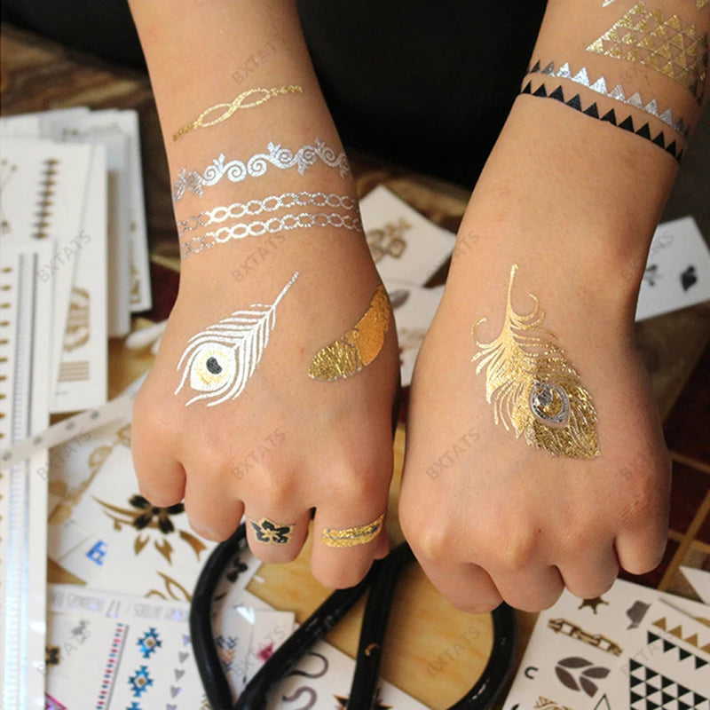 Bxtats Gold Foil Temporary Body Tattoo Stickers New Leaf Metallic Flash Design Silver and Golden Tats Durable Easy to Apply