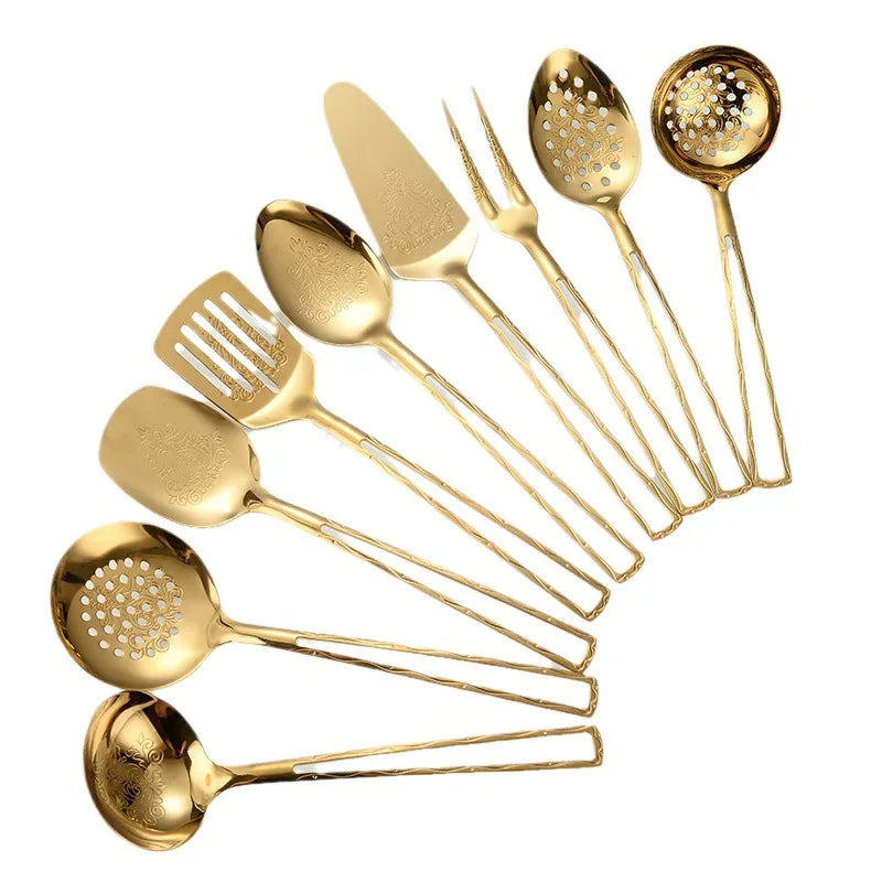Wholesale 9-Piece Luxury Gold Serving Utensil Set Stainless Steel Spoon and Spatula with Branch Design Handle