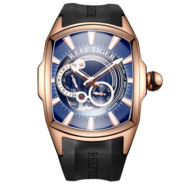 REEF TIGER RGA3069S New Arrival Mens Rose Gold Case Blue Dial Rubber Strap Waterproof Automatic Watches