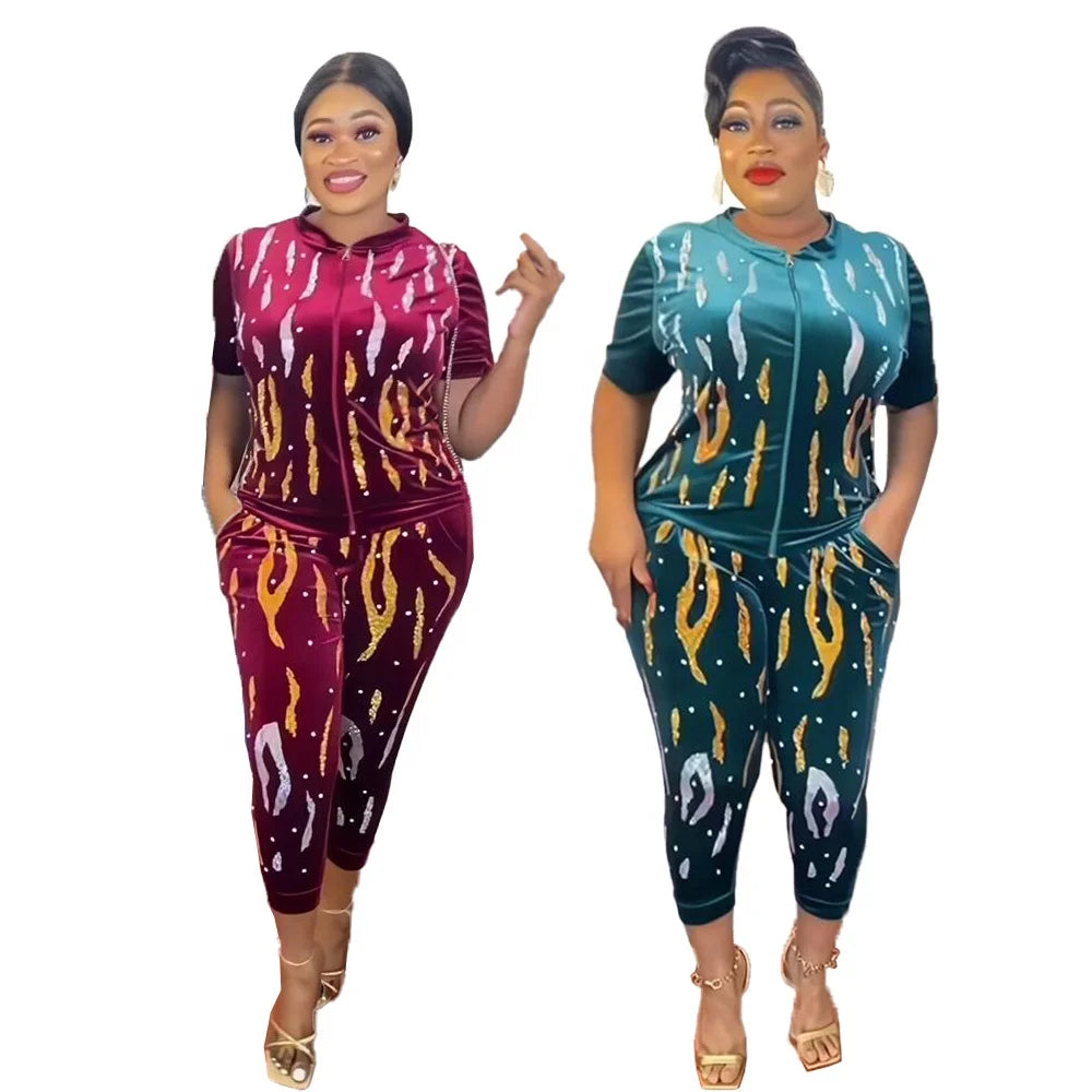 Leisure Suit Two Piece Pants Set Women Pleuche Suit African Style Clothing Rhinestone African Clothing for Women