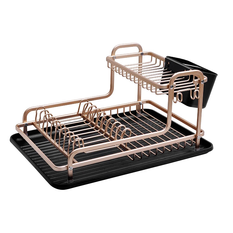 Dish Drying Rack Drainboard Set 2 Tier Aluminium Dish Rack for Kitchen Counter Golden
