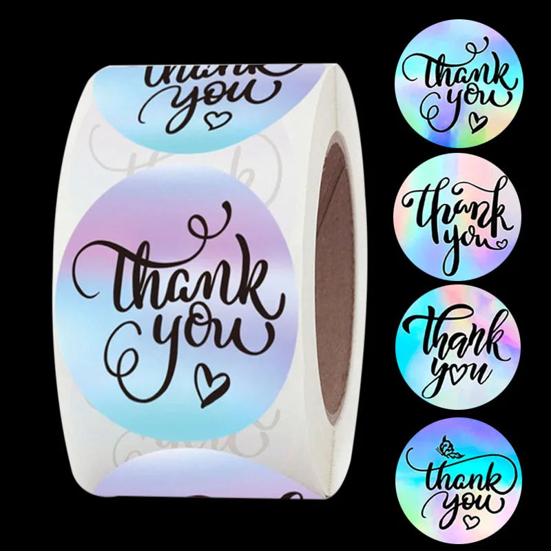 500pcs 1inch 1.5 Inch Rainbow Laser Thank You Stickers Adhesive Labels for Envelope Sealing Waterproof Wrapping Supplies