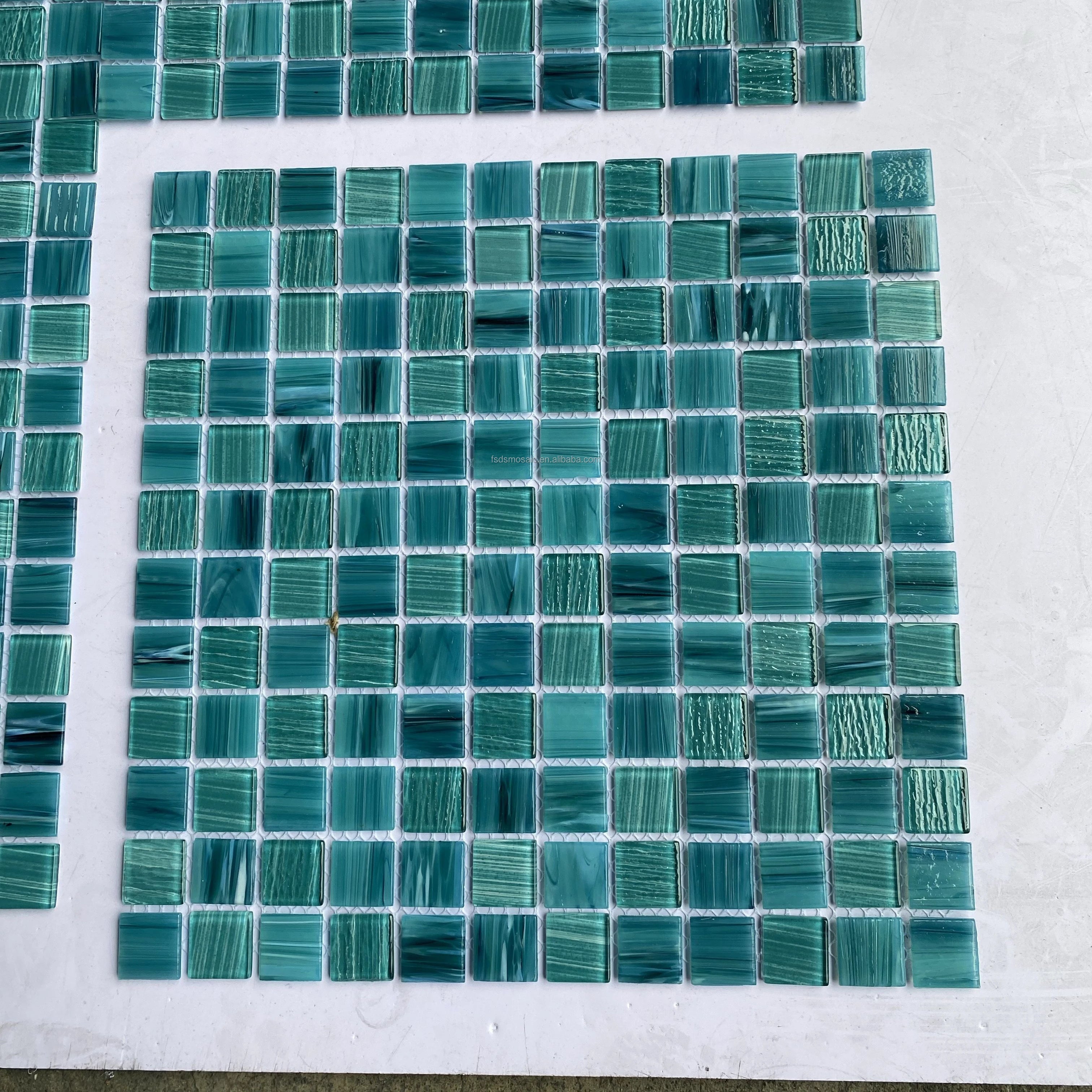 Customized Green Hot Melt Hand Printing Crystal Quality Glass Mosaic Swimming Pool Floor Tiles