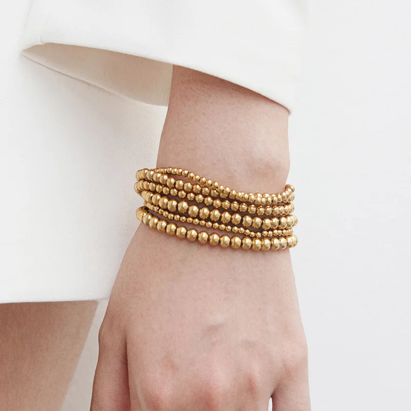 Waterproof Boho Stretch 18K 14K Gold Plated Custom Stainless Steel Ball Beads Wholesale Women Gold Plated Beaded Bracelets