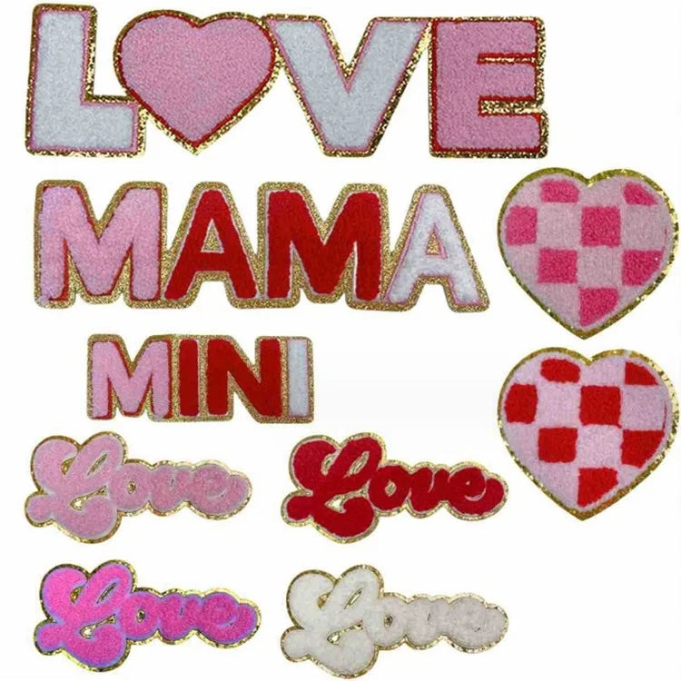 Embroidery Glitter Valentines Mother's Day Chenille Mama Patches Love Heart Iron on Patches for Clothing
