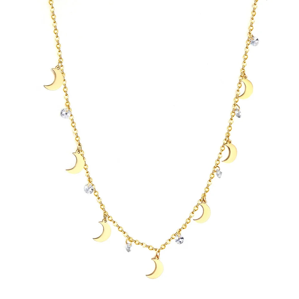 Wholesale Fashion 18K Gold Plated Stainless Steel Diamond Necklace Choker Chain Waterproof Jewelry Moon Necklace for Women