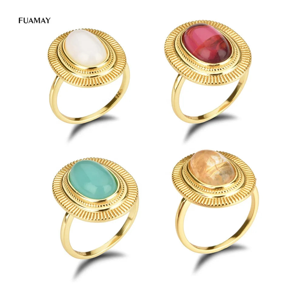 FUAMAY S925 Silver Natural Gemstone Rings Chunky Jewellery Natural Raw Gemstone Rings for Women