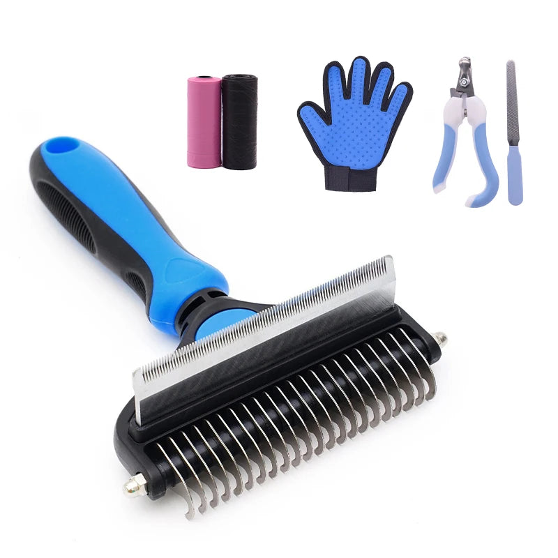 OEM ODM Manufacturer 5 in 1 Cat Dog Pet Hair Dematting Deshedding Grooming Brush Tool Set Kit with Pet Glove and Nail Clipper