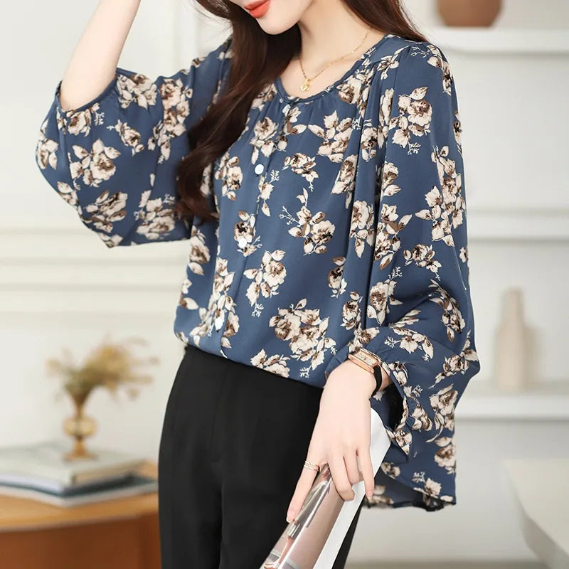 M-3XL Korean Designer Fashion Vintage Floral Print Ladies Shirts Elegant Casual Women's Blouses Shirt 8007#