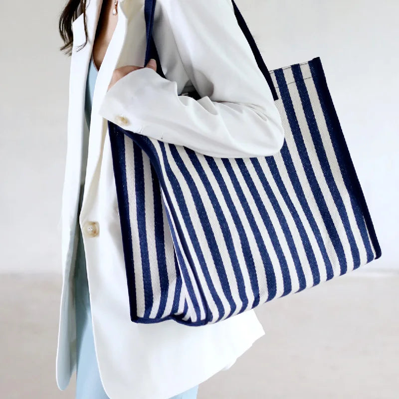 Newest Selling Reusable Durable Four Color Striped Handbag Canvas Tote Bag for Women