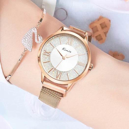 KIMIO Women Original Quartz Watch Stainless Steel Mesh Belt Ladies Watch Gold Plated Big ThinWrist Watch