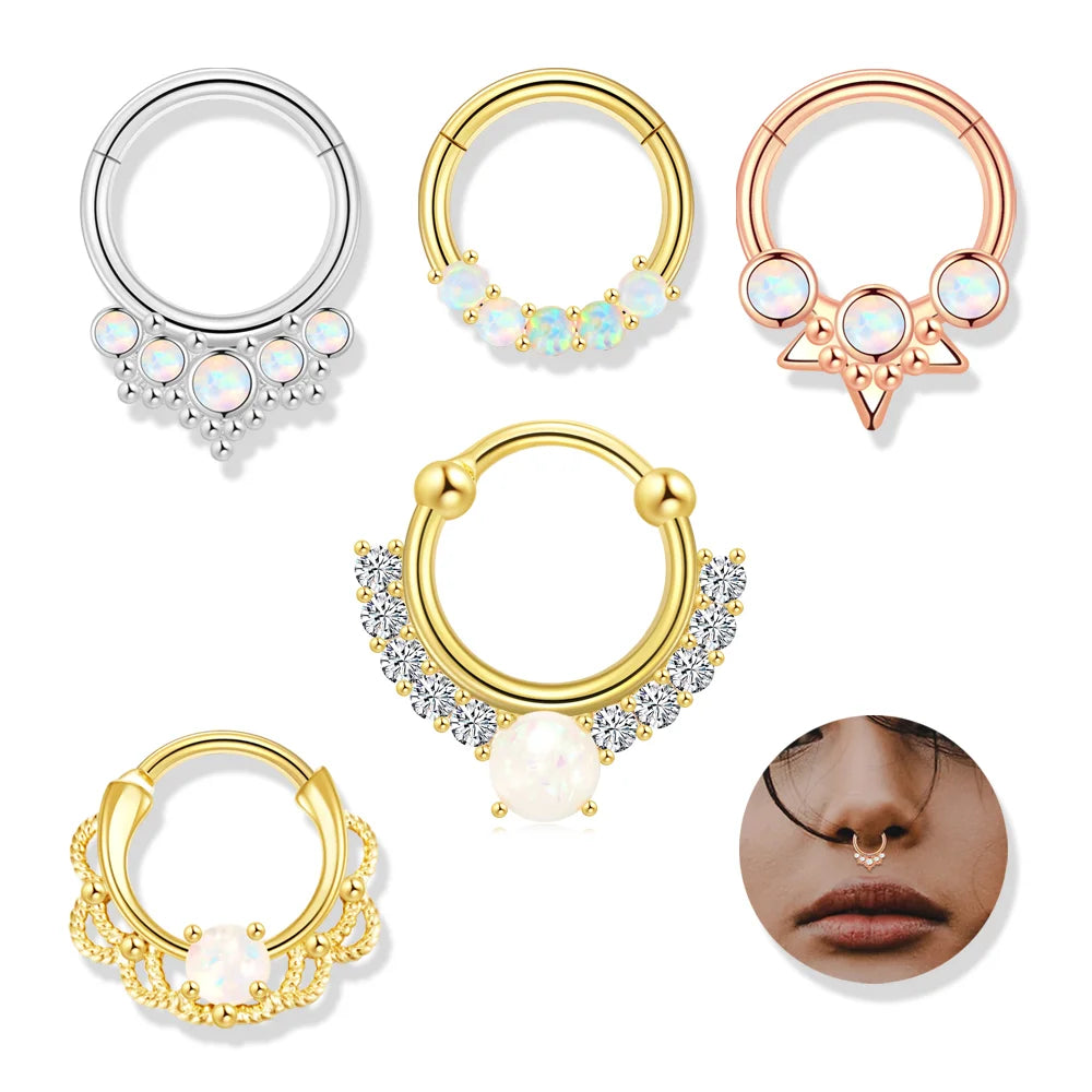 16G 316L Surgical Steel Multi-Style Opal & CZ Septum Clicker Ring Hypoallergenic Nose Piercing Jewelry