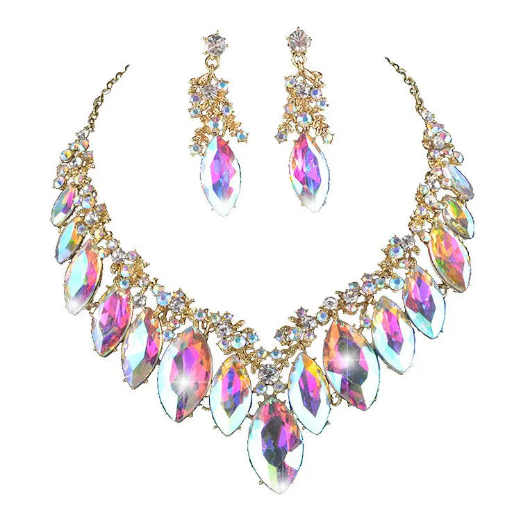 QS AB and Black Color Crystal and Rhinestone Women Necklace Earrings Jewelry Set for Wedding