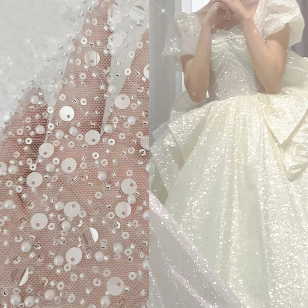 Hot Sale 90*150cm Diy Wedding 3D Sequin Bead Cloth Sequin Fabric Bridal Lace Beaded Embroidery Mesh Lace Fabric for Dress