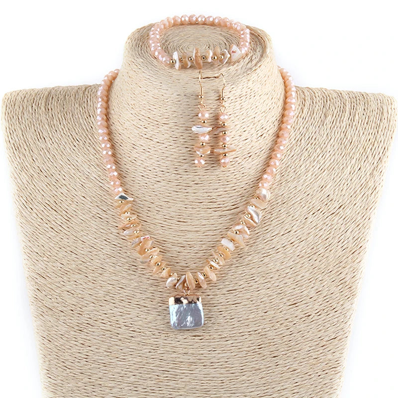 Fashion Beautiful 6mm Crystal Glass Irregular Shell Necklace Bracelet Earring Set Square Triangle Pearl Pendant Jewelry Set