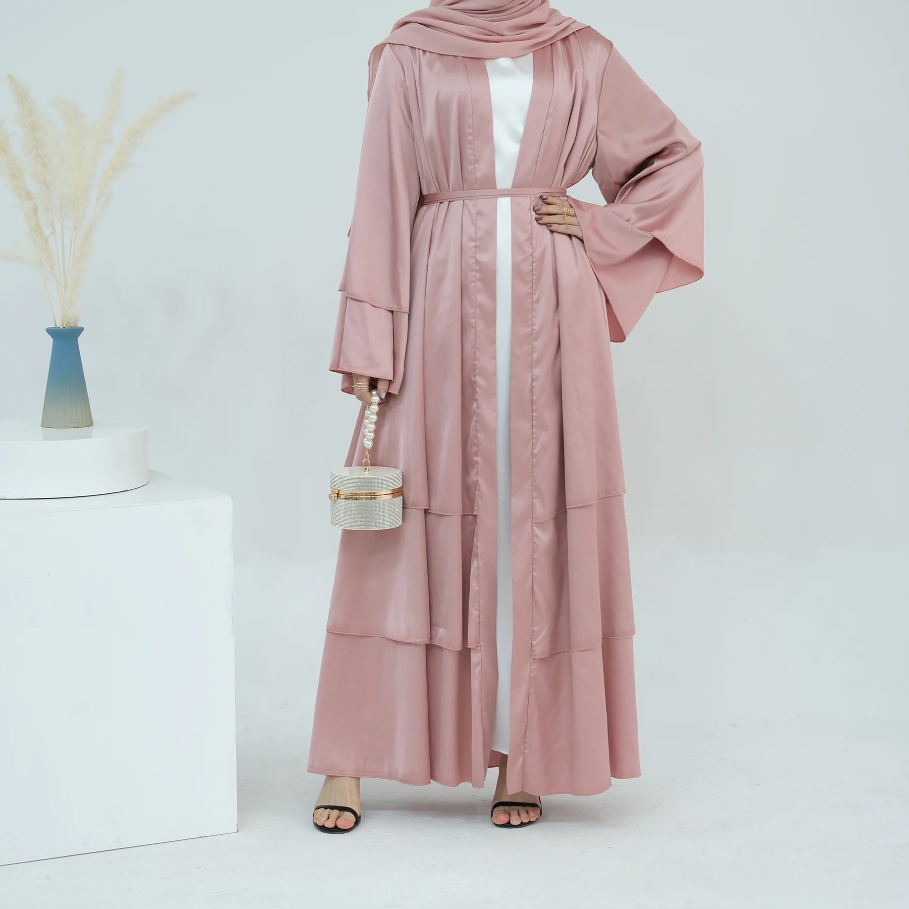 Middle East Turkey American Fashion Patchwork Three Layers of Satin Flowing Cardigan Dress Muslim Robe With Belt