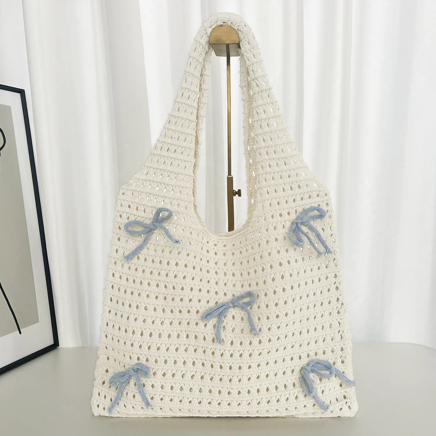Women's Handmade Knitted Single Strap Fashion Open Closure Polyester Lining Tote Bag with Armpit Design for Work