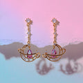 Wholesale Selling Moon Diamonds Gemstone Earrings Long Pink Water Brass Earrings Women Rhinestone Oendant Drop Earrings for Girl