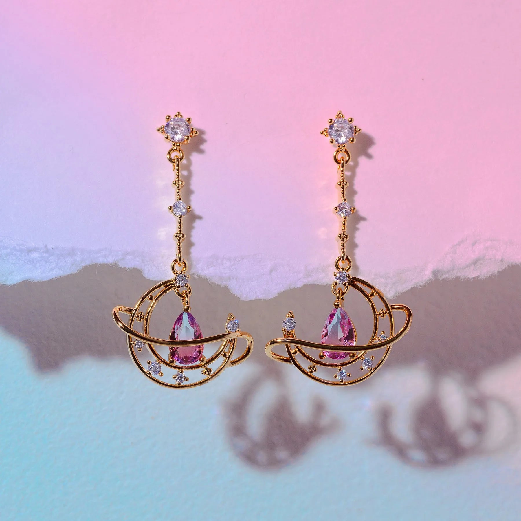 Wholesale Selling Moon Diamonds Gemstone Earrings Long Pink Water Brass Earrings Women Rhinestone Oendant Drop Earrings for Girl