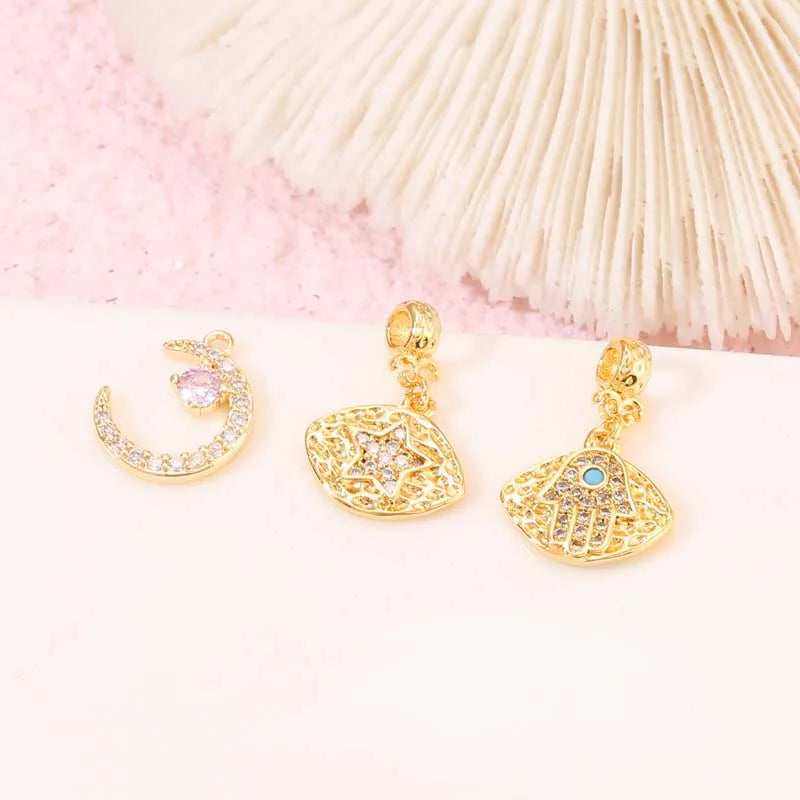 14K Gold Plated Cubic Zirconia Moon Star Evil Eye Shape Designer Inspired Charms Wholesale for Bracelet Diy Jewelry Making
