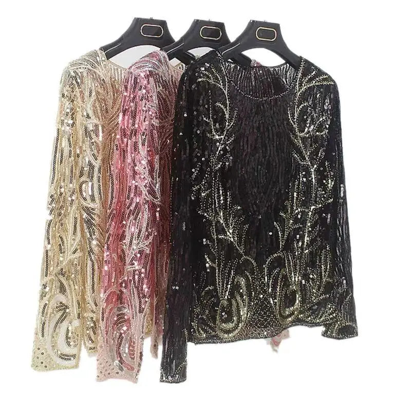 Fashionable Heavy Industry Handmade Beaded Embroidered Long Sleeved Sequin T-shirt Blouses Top for Women