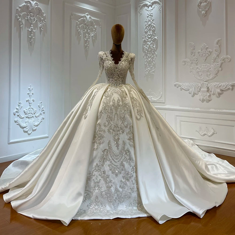 Jancember LSCJ41 Luxury Satin Beaded V-neck Bridal Women's Ball Gown Wedding Dresses