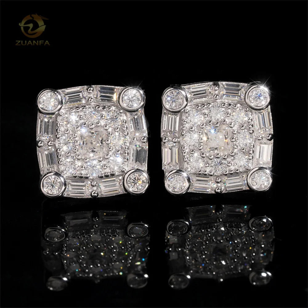 Fashion New Design Square Shape Iced Out Hip Hop 925 Silver Diamond Moissanite Earrings