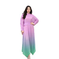Miyake Pleated Dress Belts Gradient Color Luxury Purple Green Long Sleeve Soft Round Neck Casual Dresses for Women Church Maxi