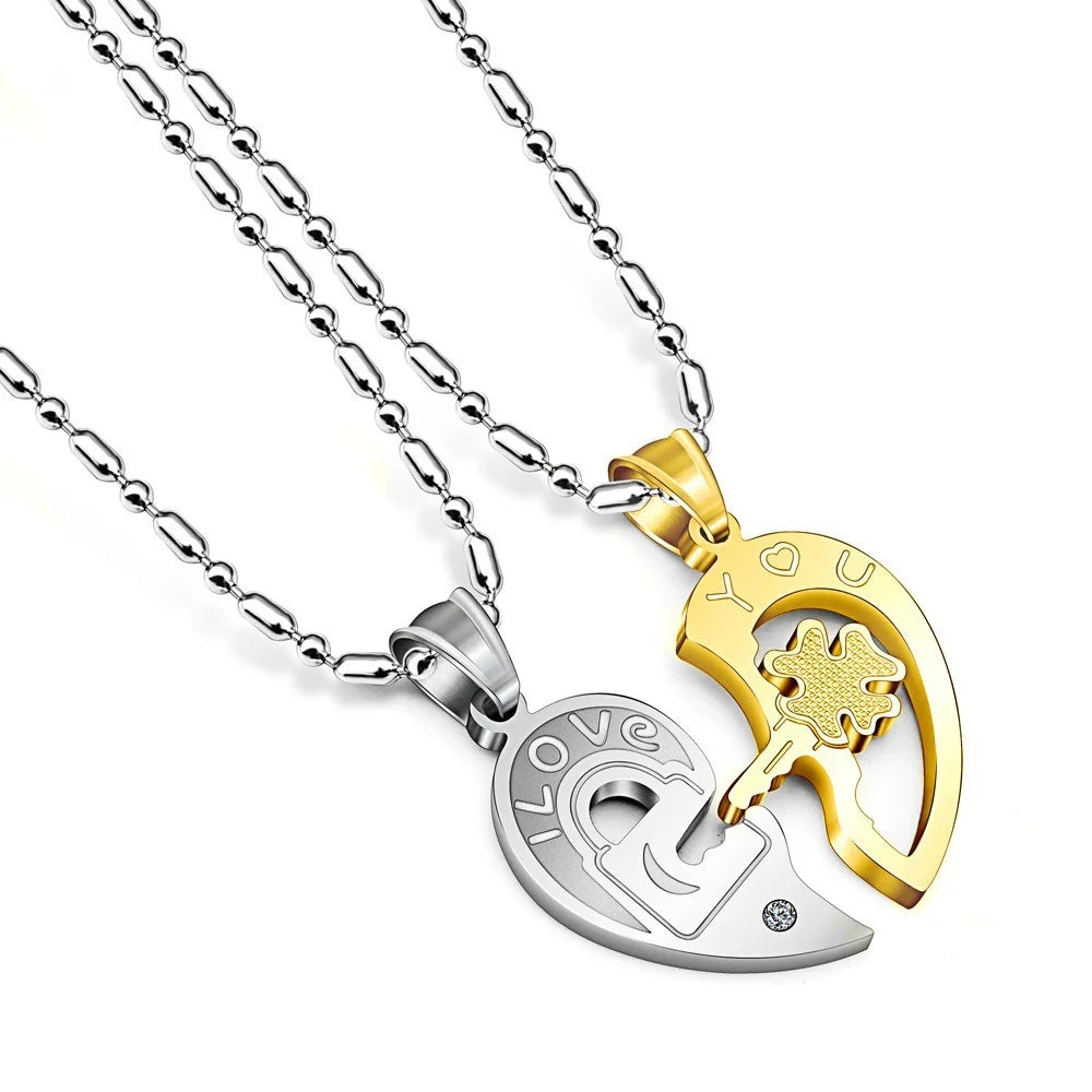 Wholesale I Love You Necklace 2 Pc Couple Jewelry Set Heart Pendant Lock and Key Pendant Necklace for Girl and Boy Lover's Gift