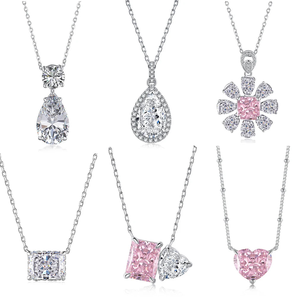 Custom Colors Diamond 8A Zircon Heart Pear Shaped 925 Rhodium Plated Sterling Silver Fine Jewelry Chain Necklaces for Women