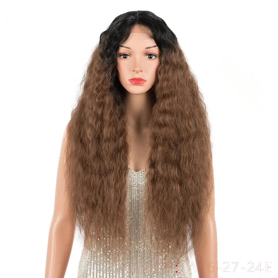 Synthetic Wig Long Curly Wave Free Part Lace Frontal for Black Women 30 Inches Ombre Color Blonde Deep Wave Heat Resistance