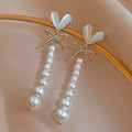 925 Silver Needle Fashion Opal Heart Love Zircon Bow Earrings Vintage Korean Fashion Rhinestone Pearl Long Dangle Earring