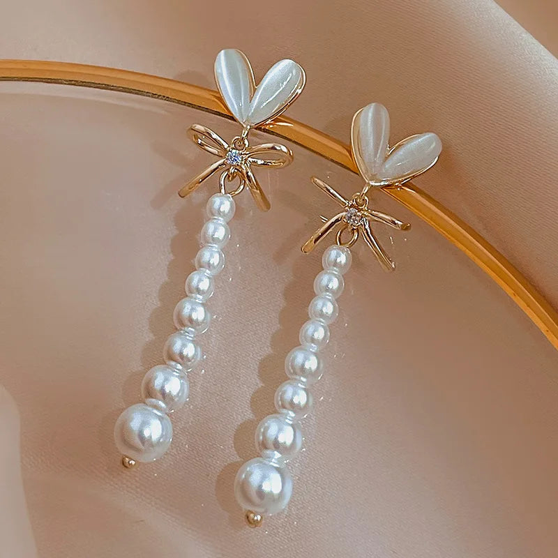 925 Silver Needle Fashion Opal Heart Love Zircon Bow Earrings Vintage Korean Fashion Rhinestone Pearl Long Dangle Earring