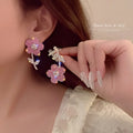 Pendientes De Flores Bling Bling Asymmetric Sweet Pink Diamond Flower Earrings  Luxury Stud Women Flower Pink Colour Earring