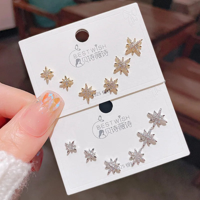 FanYue New Eight-pointed Star Octet Star Full of Zircon Small Earrings Set 3 Pairs/set
