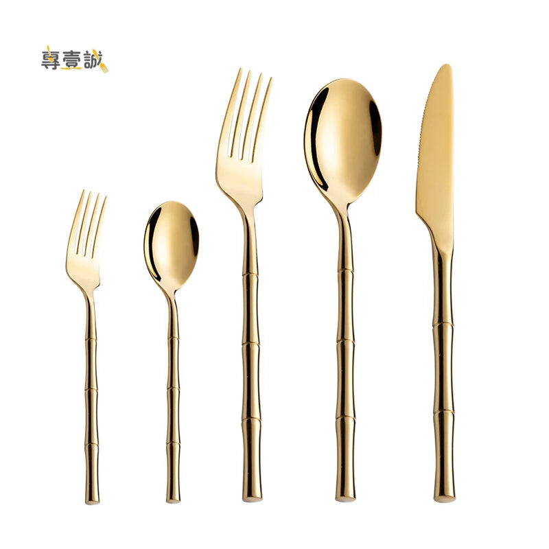 Bamboo Shape Handle 18/10 Stainless Steel Golden Cutlery Set Manufacturers Silverware Flatware Set