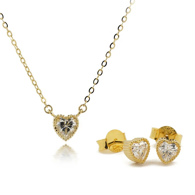 18K Solid Gold Custom Jewelry Factory Wholesale Heart Pendant Charm Necklace Earrings Jewelry Set