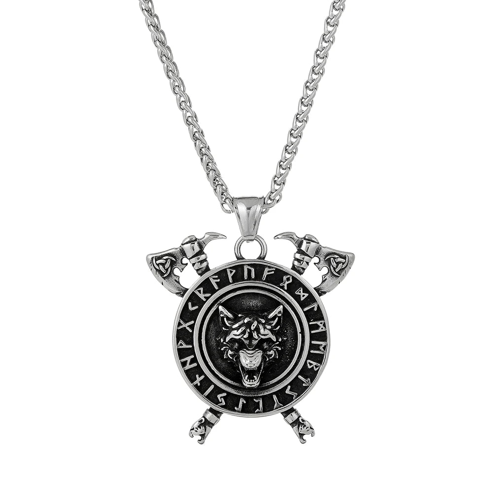 Nordic Viking Man Jewelry Stainless Steel Geri and Freki Wolf Runes Silver Man Pendant Necklace