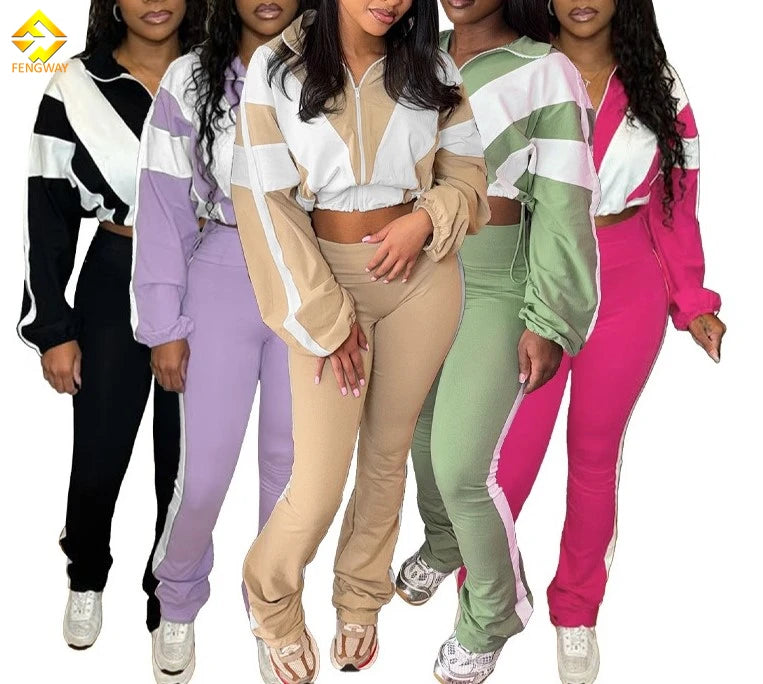 Wholesale 2025 Streetwear Female Outfits Patchwork Zip up Top Matching Leggings 2 Piece Pants Set  Women Tracksuit