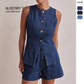 Ladies Summer Sleeveless High Waist Loose Denim Shorts  Two Pieces Set Women Vintage Casual 2 Pieces Denim Suits