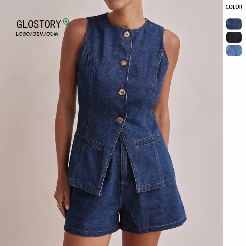 Ladies Summer Sleeveless High Waist Loose Denim Shorts  Two Pieces Set Women Vintage Casual 2 Pieces Denim Suits