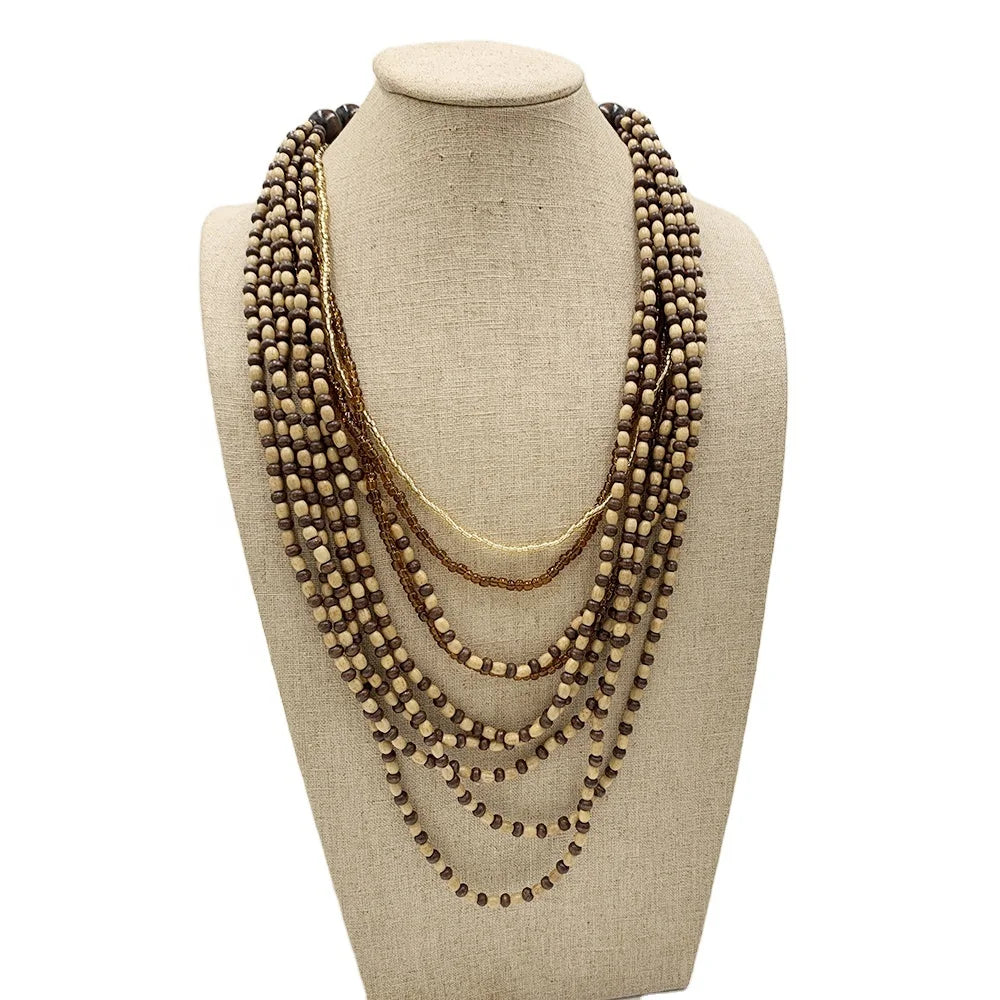Wholesale Fashionable Vintage Necklace Hot Handmade Chunky Wood Beads with Multi-Layered Neutral Trendy Africa Jewelry