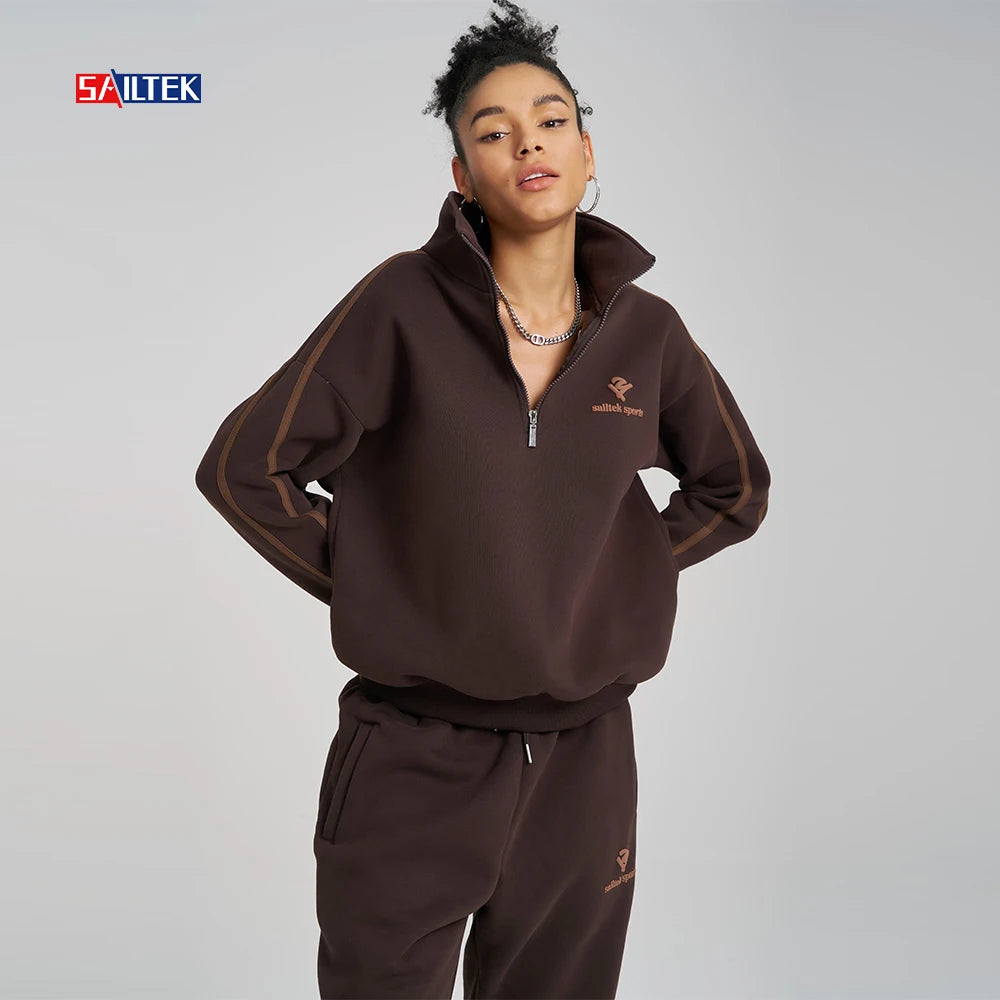 Luxury Stand Collar Sweatshirt High Quality Half Zip Pullover Sweatshirts Custom Embroidery Patch Sweatshirt Women