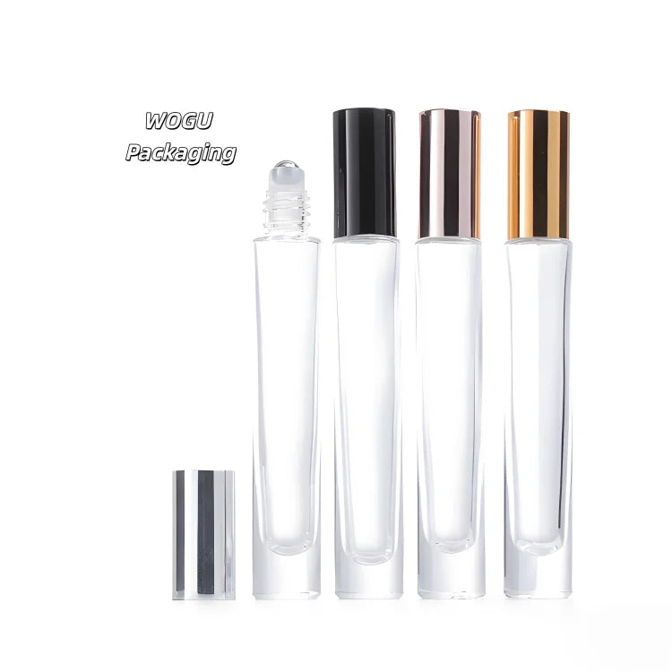 WOGU 10ml Empty Refill Round Roll on Essential Oil Bottles Gold Silver Black Aluminum Long Cap Glass Roller Perfume Bottle