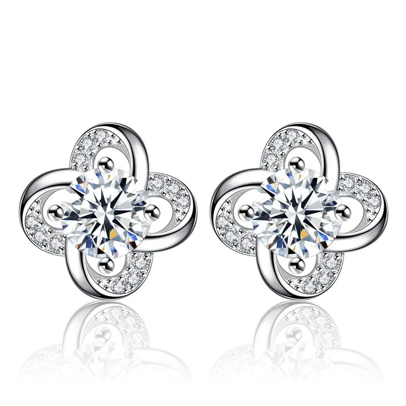 Luxury 925 Silver Plated Cubic Zirconia Women Small Four Leaf Clover Stud Earring Jewelry