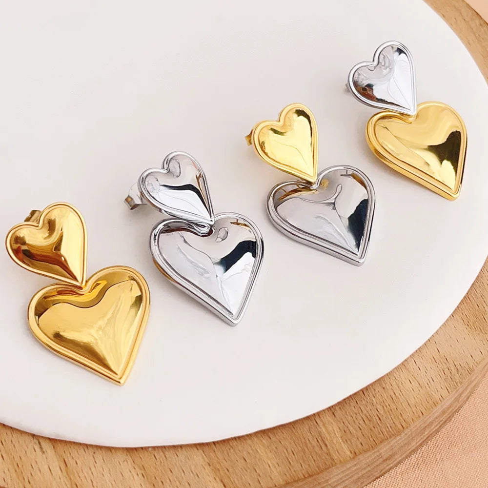 4 Colors Stainless Steel Double Plated Love Heart Earrings Contrast Color Chunky Drop Earrings Women Fashion Trendy Jewelry Hot