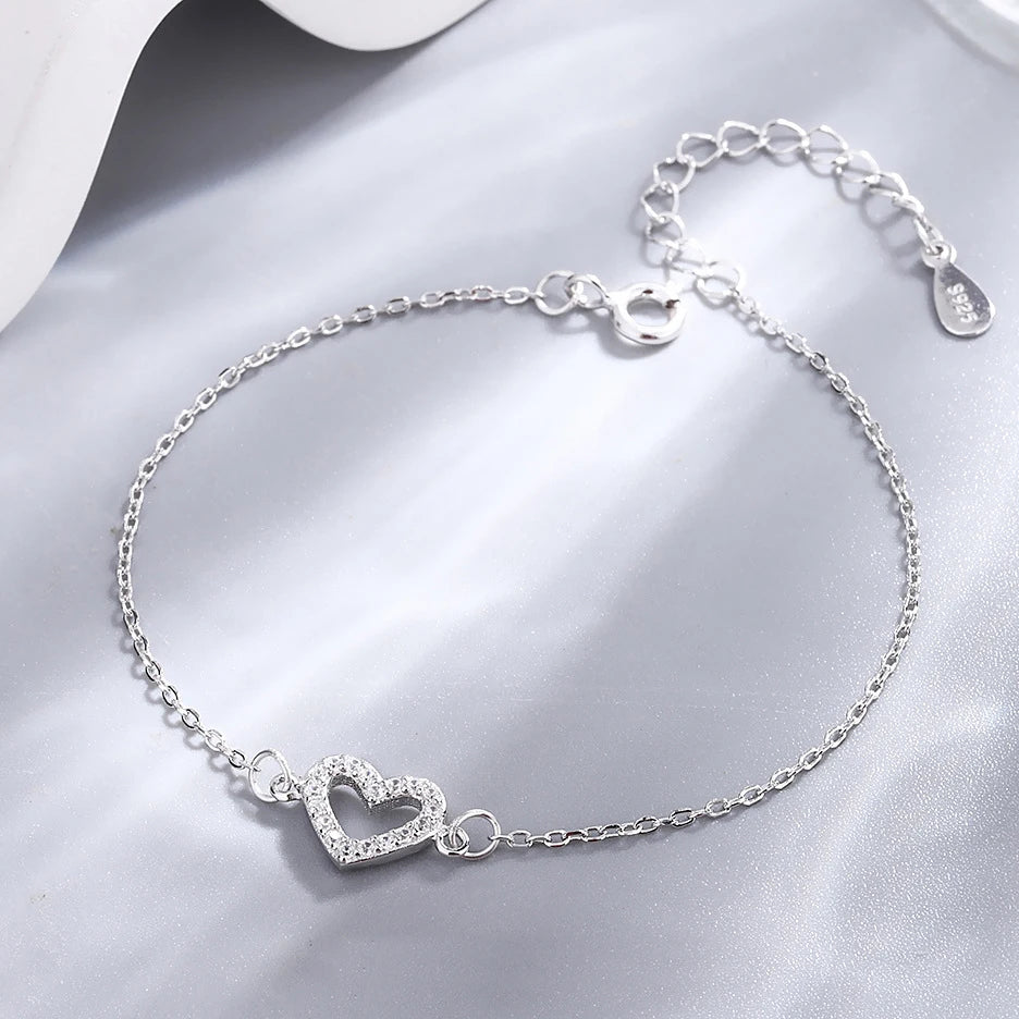 Fine 925 Sterling Silver Full Diamond Heart Shape Bracelet Women Dainty CZ love Heart Bracelet for Gift