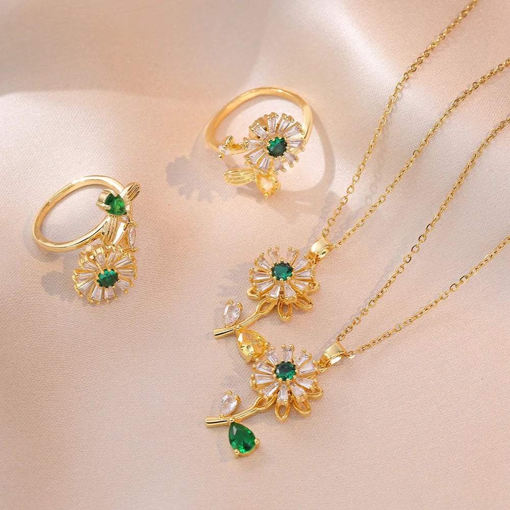2025 Fashion 18k Gold Plated Titanium Steel Chain Daisy Flower Necklace Ring Sets for Women